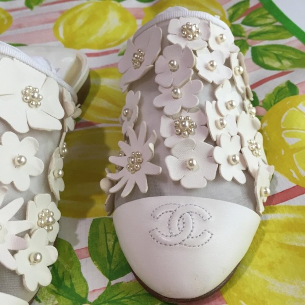 Chanel White Leather Pearl Floral Mules